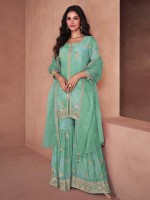 Sky Green Faux Georgette Party Wear Sharara Suit